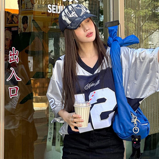 2000archives美式复古球衣短袖t恤女夏季宽松jazz跳舞插肩袖上衣