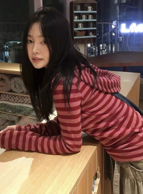韩国coyseio日系校园复古风不对称条纹连帽卫衣女春季长袖T恤上衣