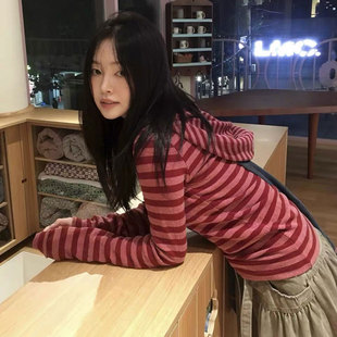 韩国coyseio日系校园复古风不对称条纹连帽卫衣女秋季 T恤上衣 长袖