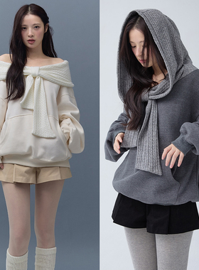 韩国THETIS斜肩一字领宽松套头连帽卫衣女秋冬慵懒松弛感露肩上衣