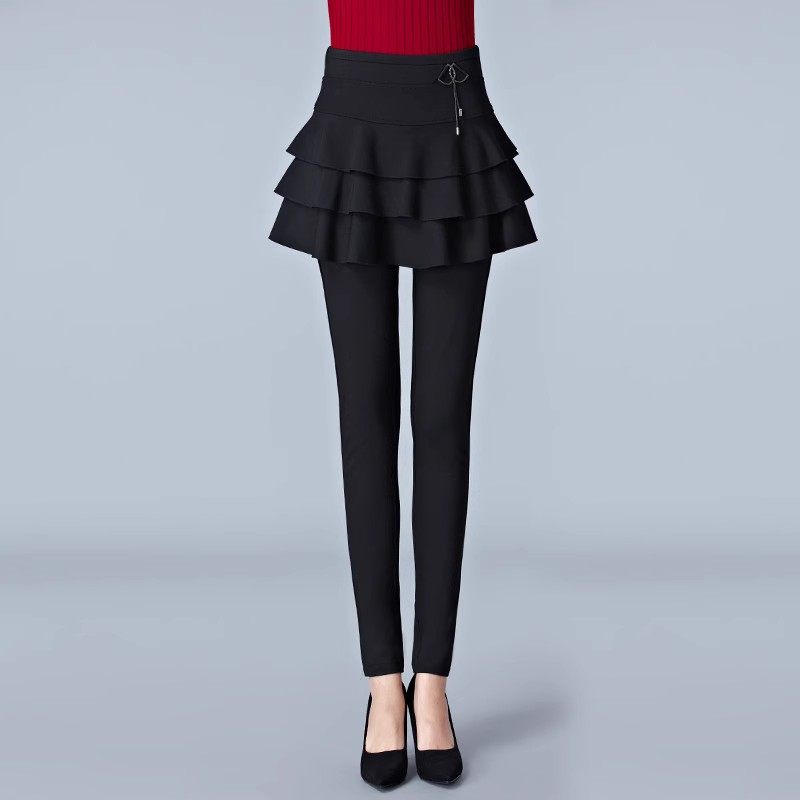 加绒加厚女打底裤秋冬假两件裤裙修身弹力小脚裤黑色蛋糕裙打底裤