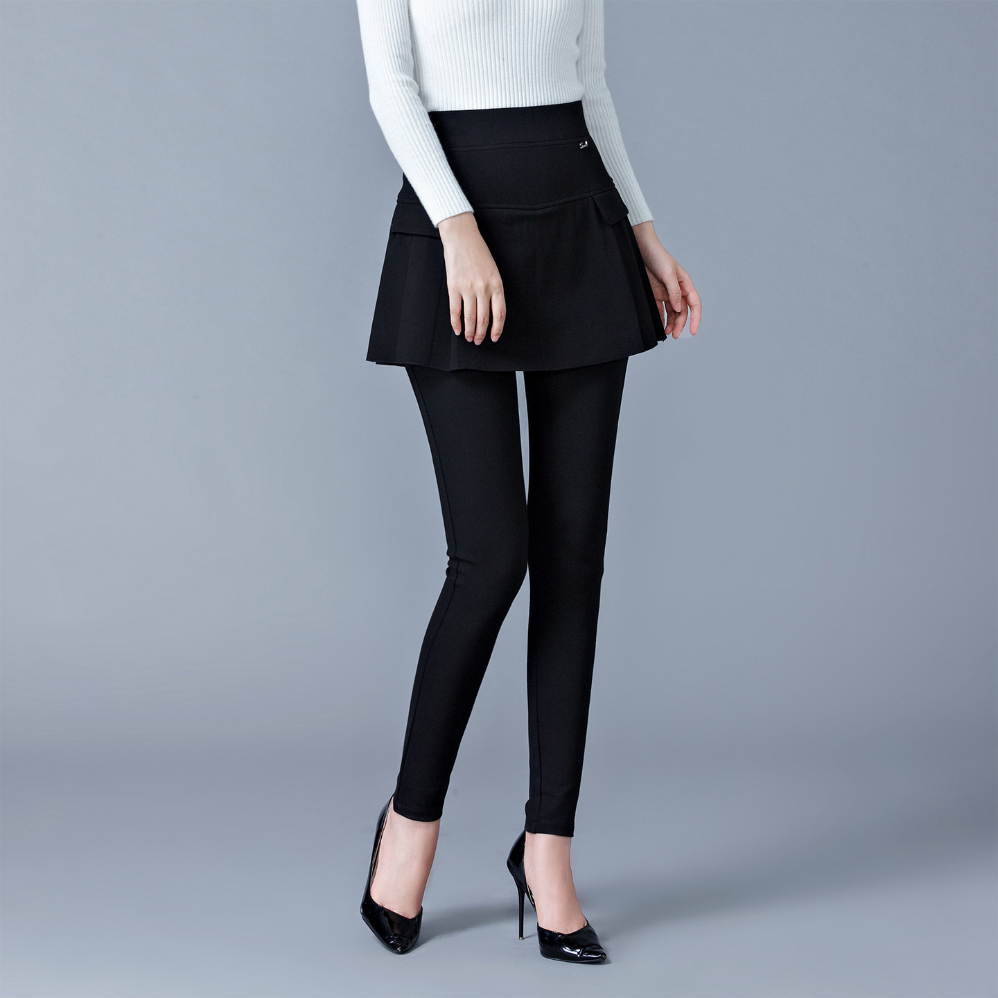 加绒裤子女2025新款女裤子休闲假两件打底裤子显瘦黑色百褶连裙裤