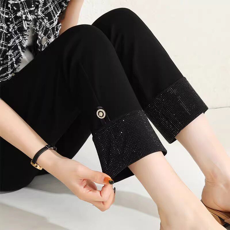 烫钻小黑裤女2026时尚高腰宽松九分烟管裤子休闲裤弹力直筒小西裤