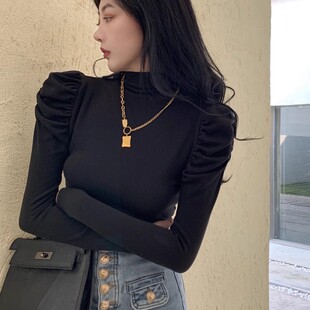 高领磨毛秋季内搭打底衫女设计感小众泡泡袖长袖紧身t恤别致上衣