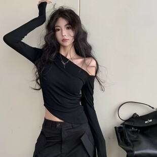 欧美风性感辣妹修身斜肩独特别致外穿内搭显胸百搭长袖T恤上衣女