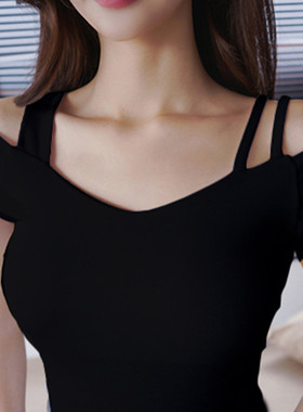 2024春季新款韩版紧身黑色打底衫漏肩t恤女短袖V领显瘦一字领上衣