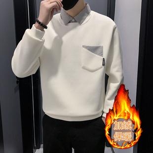 秋冬加绒穿搭男士 上衣 假两件条纹拼接翻领卫衣潮牌男内搭休闲长袖