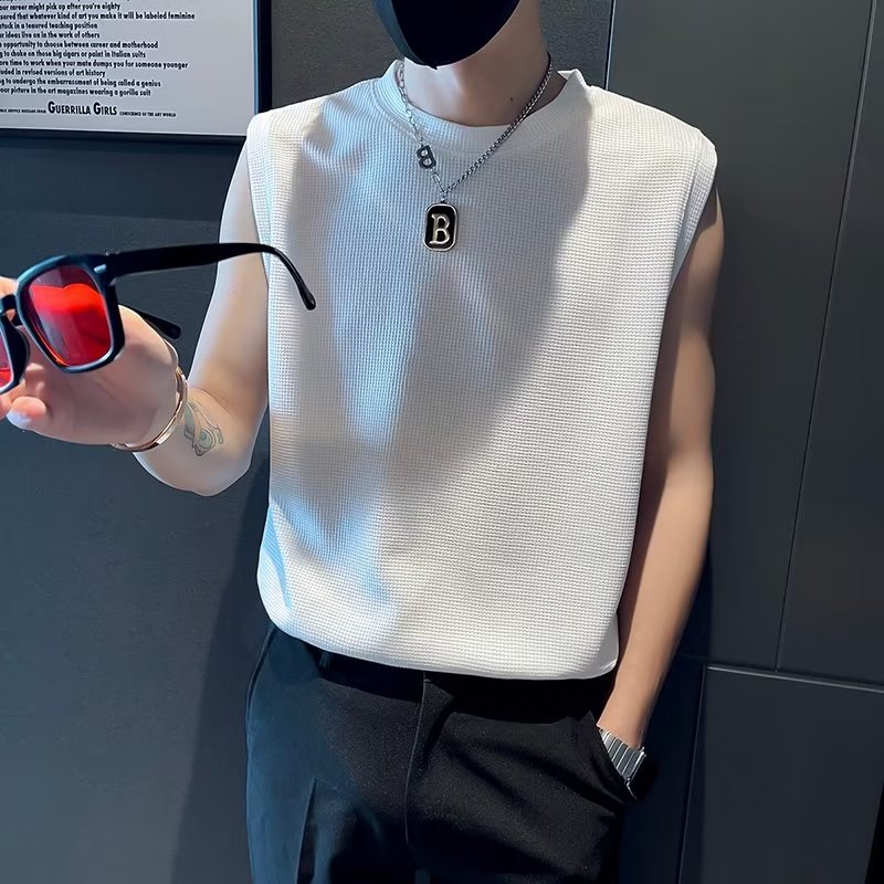 夏季无袖纯色T恤男士运动健身背心新款时尚网红外穿圆领马甲坎肩