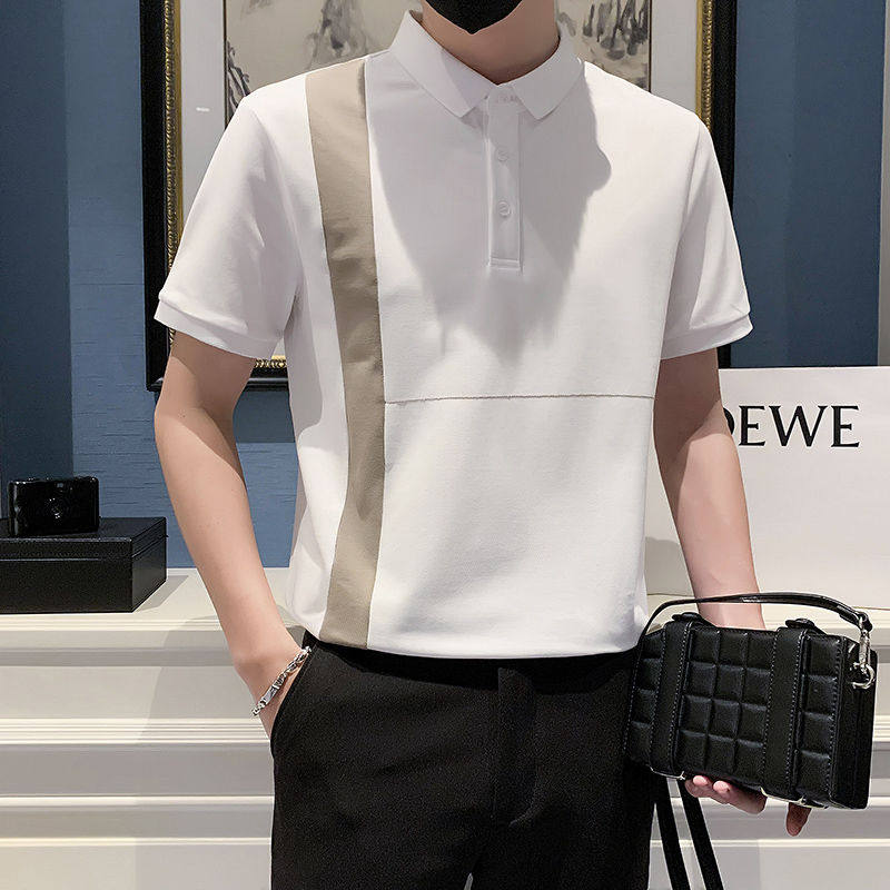 2024 NEW POLO SHIRT MENS SHORT SLEEVE SUMMER KOREAN VERSION FASHION COLOR-BLOCK STRIP SLIM HANDSOME INTERNET CELEBRITY THE SAME LAPEL