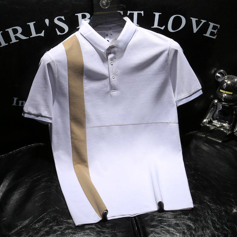 2024 NEW POLO SHIRT MENS SHORT SLEEVE SUMMER KOREAN VERSION FASHION COLOR-BLOCK STRIP SLIM HANDSOME INTERNET CELEBRITY THE SAME LAPEL