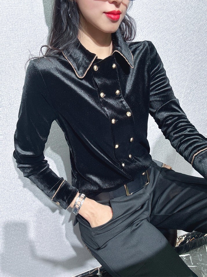 丝绒US黑金气质排扣法式翻领衬衫女款洋气外穿上衣高档双排扣衬衣 - 封面