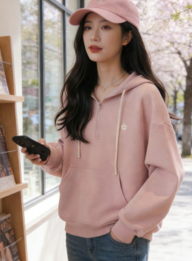 刺绣连帽卫衣女2026春季新款韩版长袖上衣宽松显瘦小个子套头帽衫