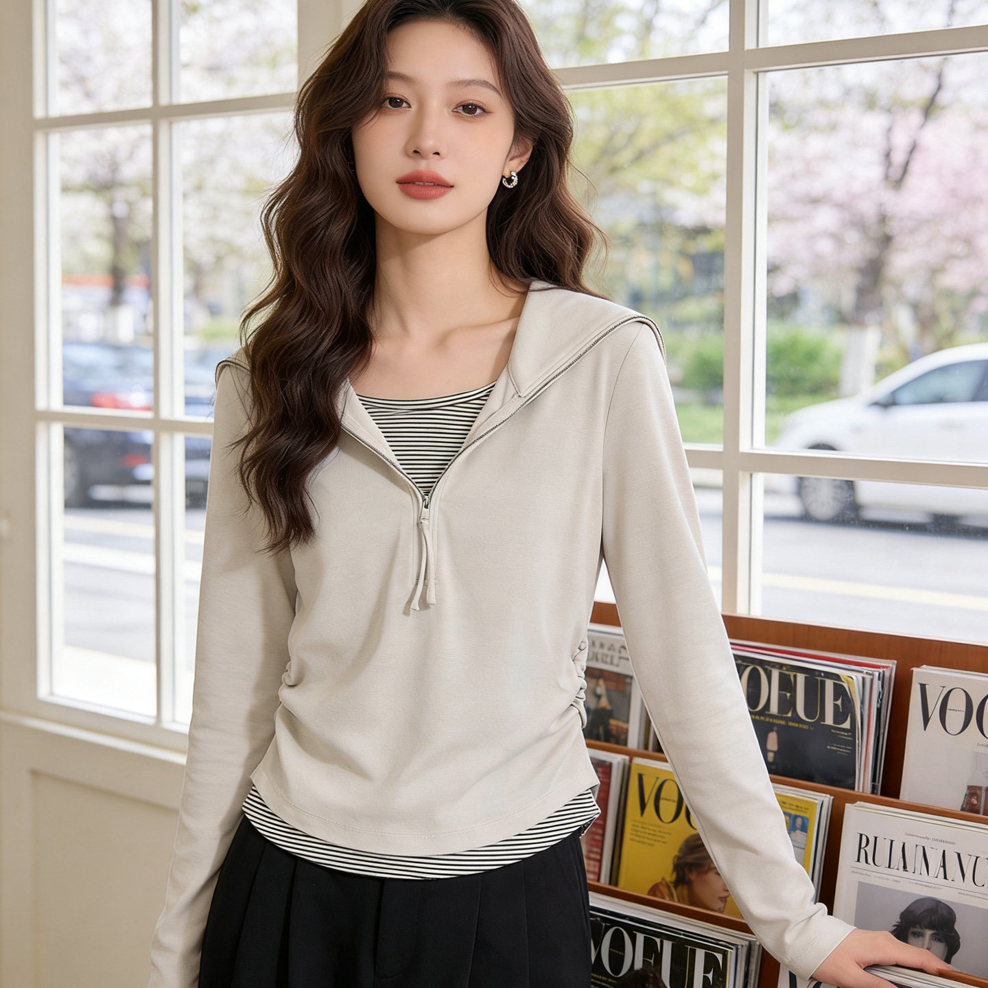 条纹撞色薄款套头短外套女2026春夏新款小个子长袖T恤假两件上衣