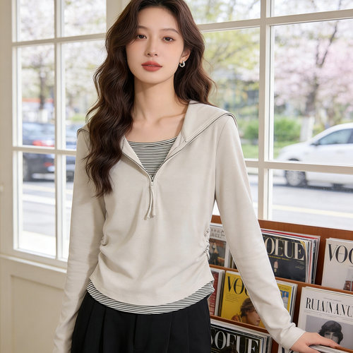 条纹撞色假两件薄款套头短外套女