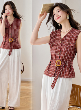 休闲时尚两件套女2026春夏新款格子短袖衬衫女宽松显瘦阔腿裤套装