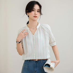 法式V领性感条纹短袖衬衫女春夏轻熟御姐气质职场通勤宽松上衣