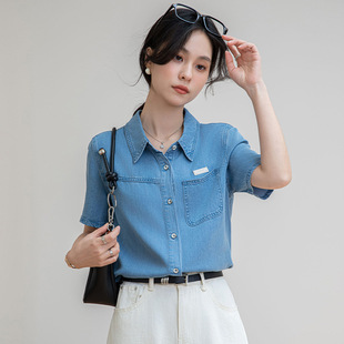 港风经典复古短袖牛仔衬衫女轻熟春夏职场通勤开衫翻领宽松上衣