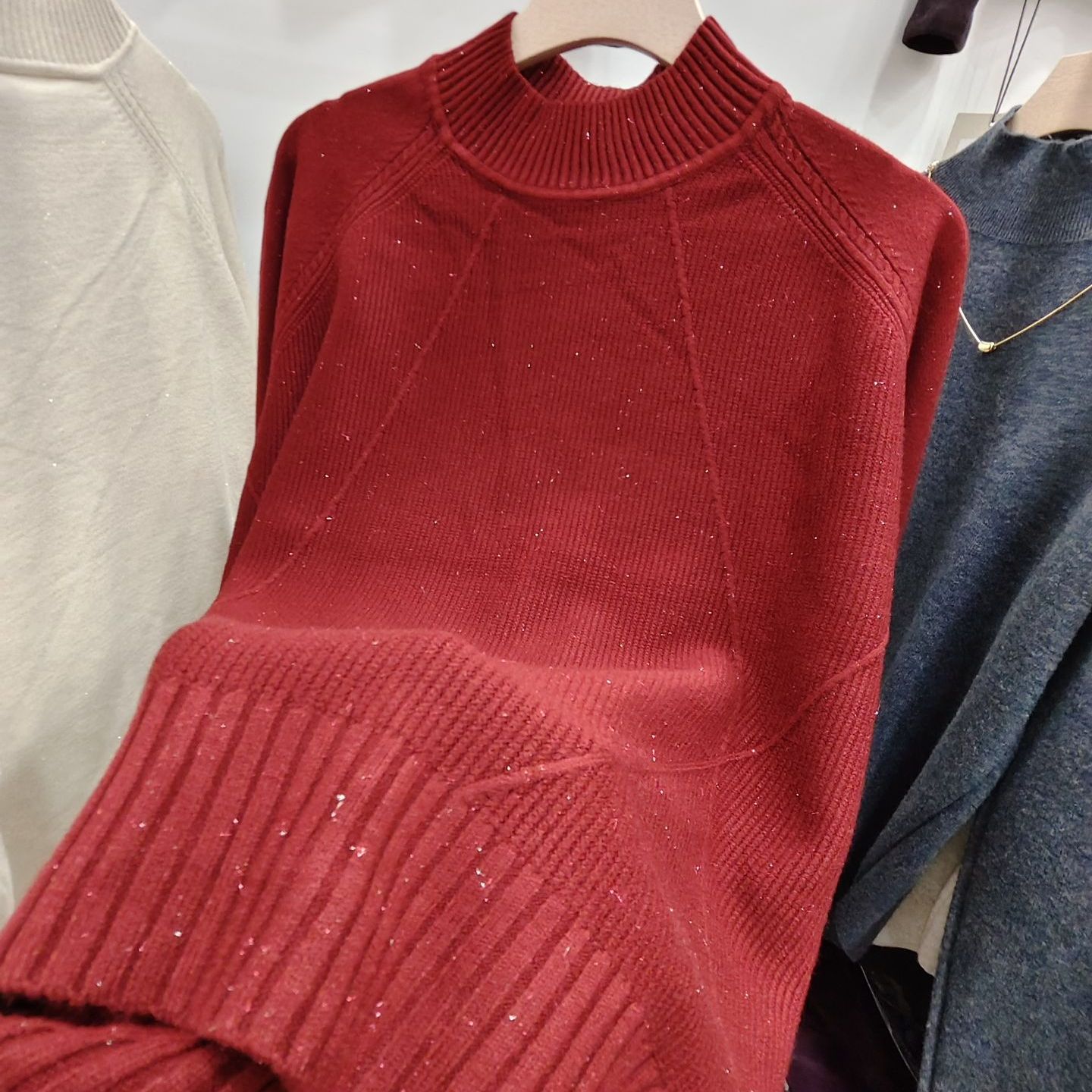 秋冬新款韩版宽松显瘦亮丝半高领针织衫女 亮闪闪加厚毛衣打底衫