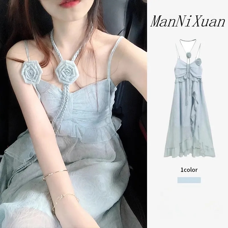 玛丽公主薄荷绿挂脖无袖连衣裙子女夏季小众设计感荷叶边海边度