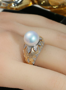 DIY配件S925纯银轻奢珍珠戒指空托半成品双色指环戒银托材料10-11