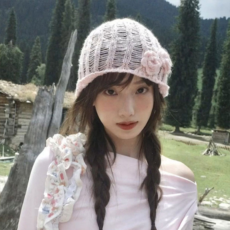 民族风手工钩花针织帽子女秋冬款