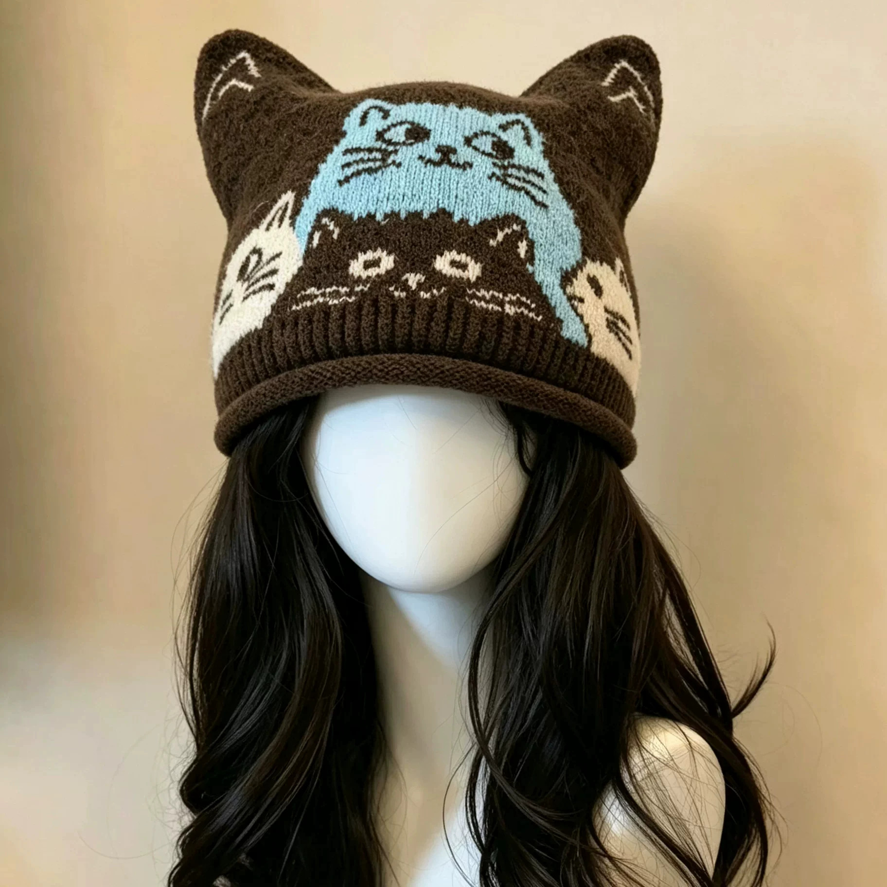 秋冬可爱猫咪护耳保暖毛线帽女