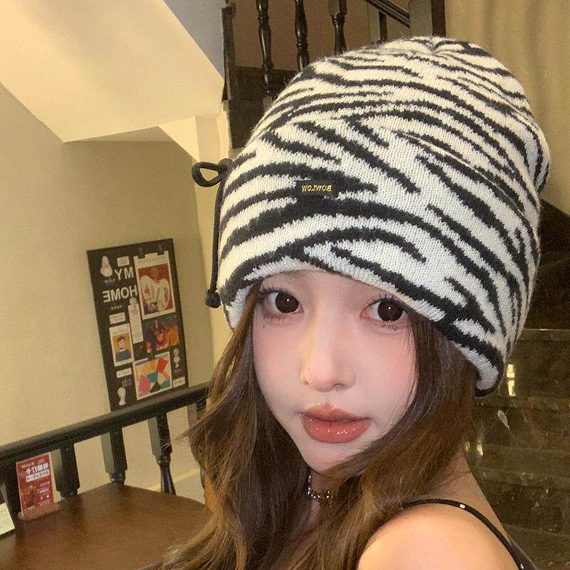 斑马纹针织毛线帽女秋冬保暖帽厚