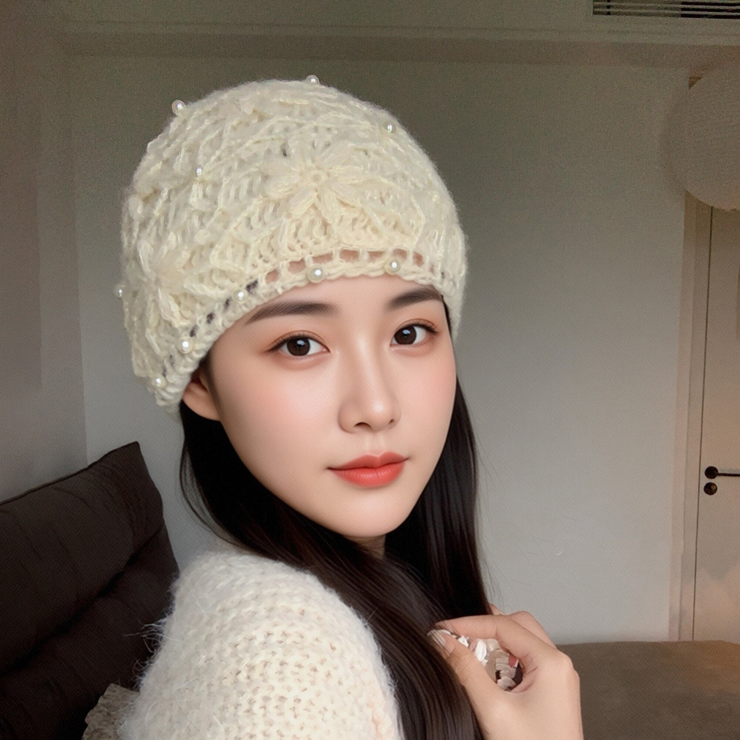 民族风手工钩花保暖针织帽女