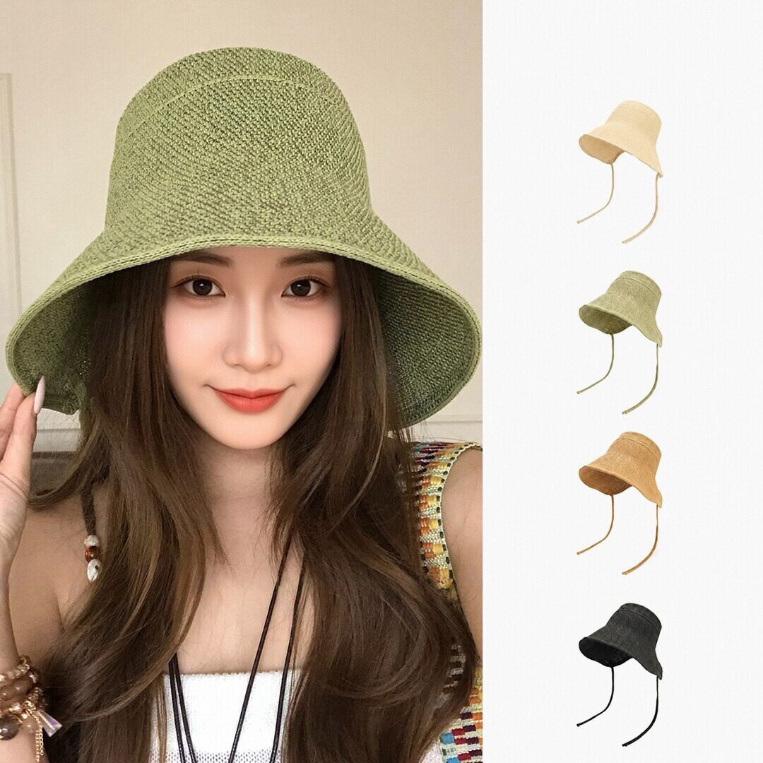 牛油果绿编织渔夫帽女夏防晒显小