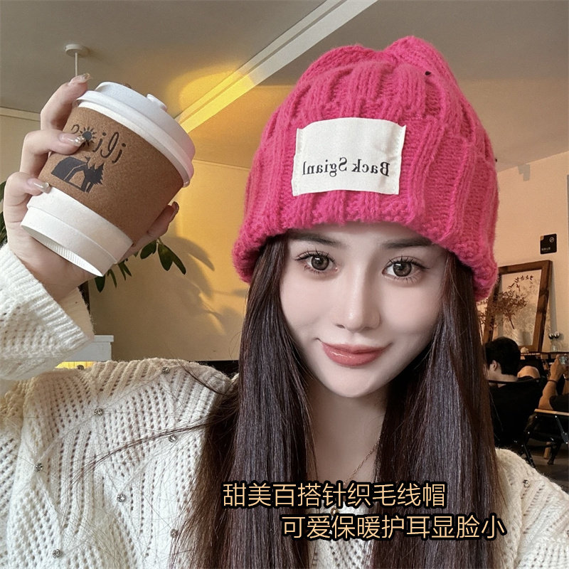大头围糖果色针织帽女护耳保暖帽