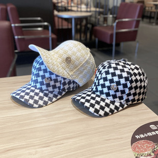 黑白格子水钻M字母标棒球帽子女秋冬防晒遮阳帽时尚休闲鸭舌帽子