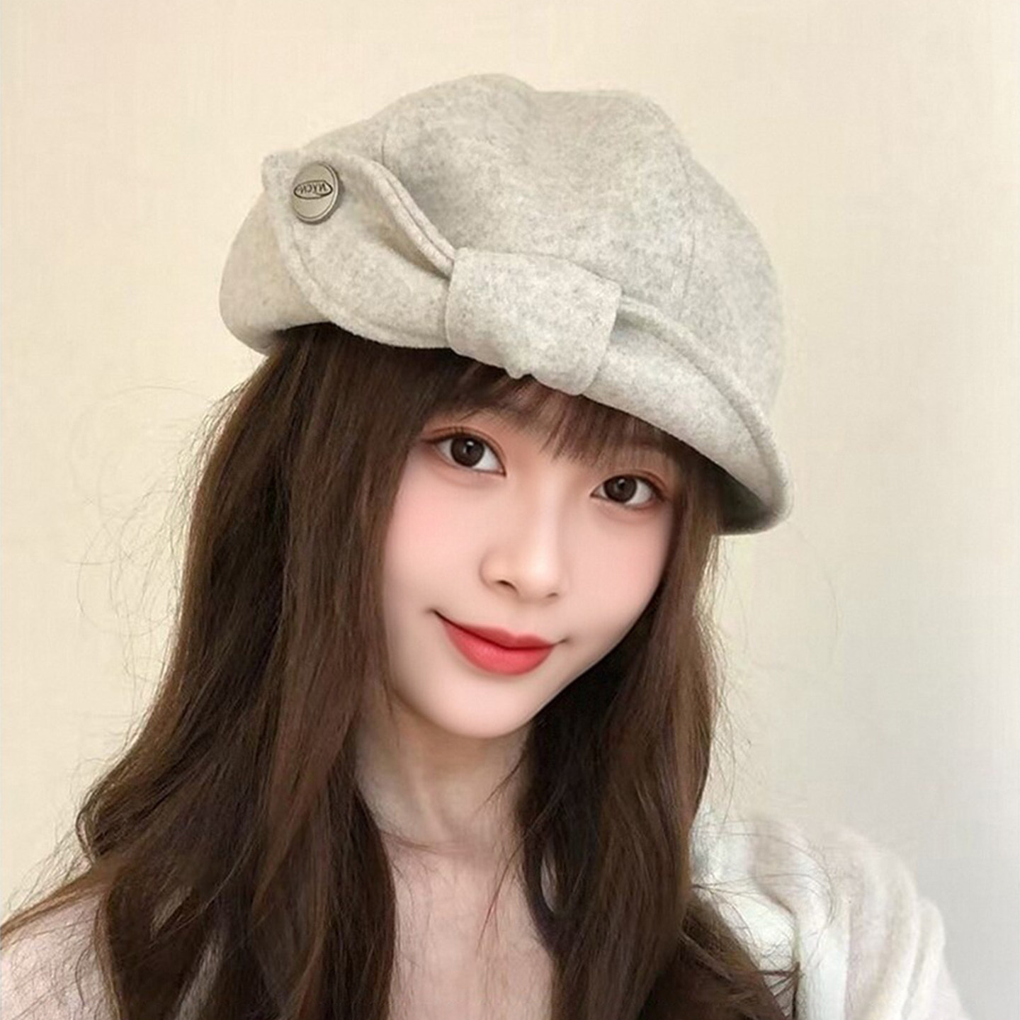 日系复古蝴蝶结贝雷帽女保暖款