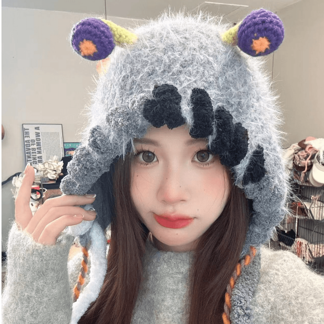 可爱搞怪系列手工针织帽子女秋冬毛绒保暖毛线帽小怪兽绑带护耳帽