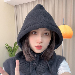 韩国巴拉克法拉帽子女秋冬季保暖护耳围巾一体针织帽抽绳情侣帽潮
