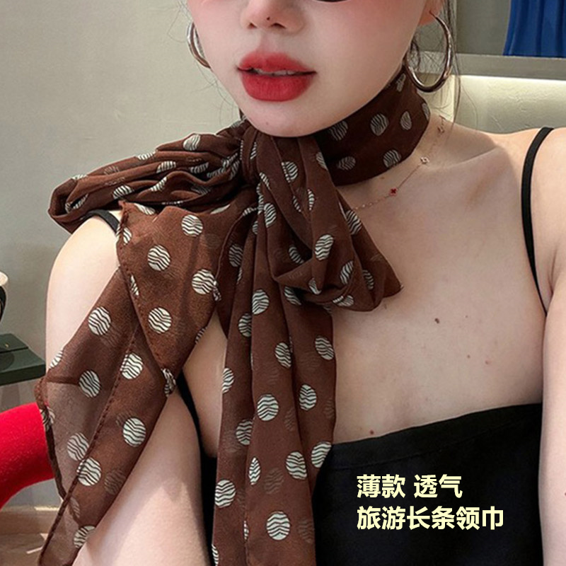 法式波点长条丝巾女春夏季百搭配饰系脖飘带领巾多戴法优雅领巾女
