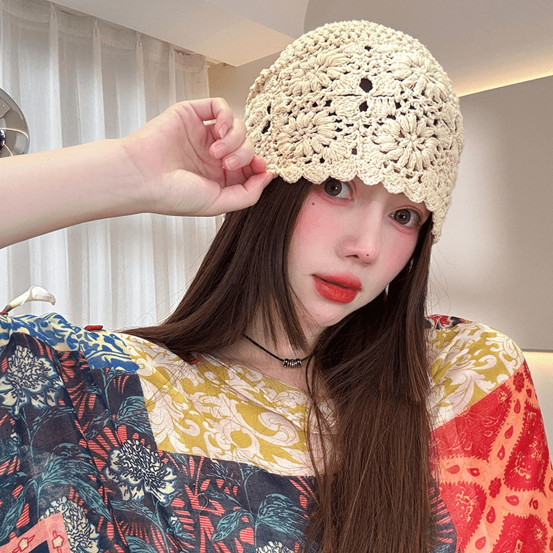 一网情深旅游穿搭鞠婧祎同款手工钩针包头帽子女夏编织薄款百搭帽