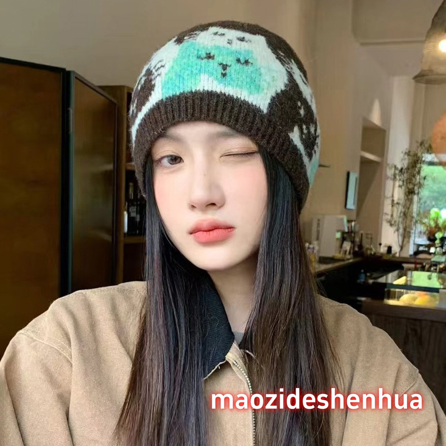 可爱猫咪图案毛线帽保暖骑车帽女
