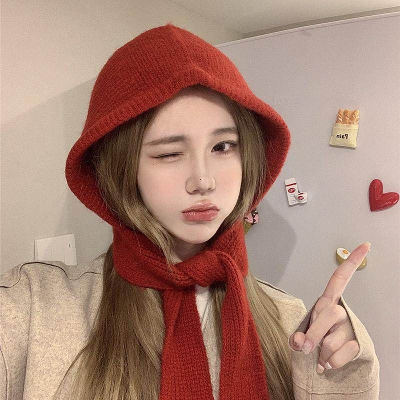 可爱三角围巾一体毛线帽子女秋冬羊毛混纺包头帽保暖护耳针织帽女
