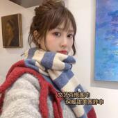 大流苏保暖百搭围脖韩版 文艺学院风条纹针织围巾女冬季 新款 撞色