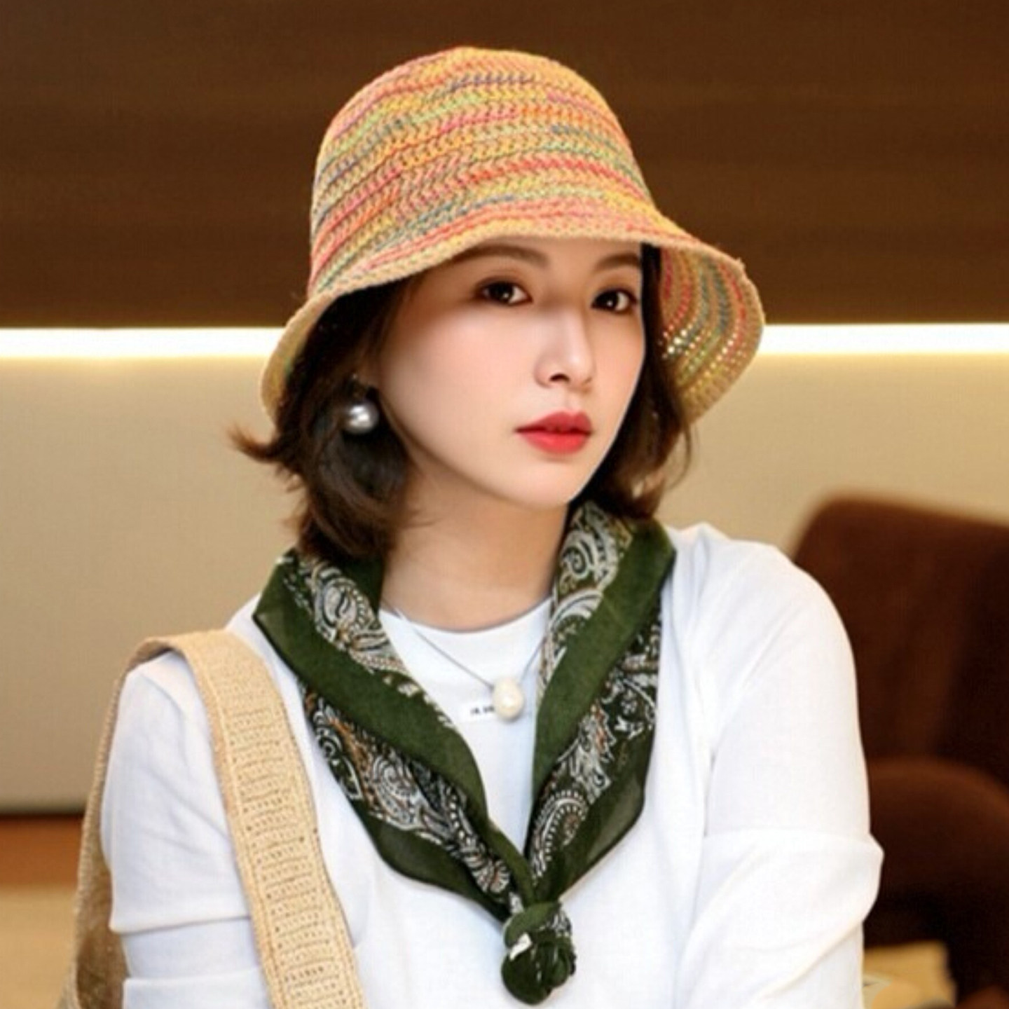 夏季彩虹编织遮阳显脸小水桶帽