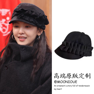 高级感褶皱花朵棉麻马术帽子女春季新款时尚显脸小渔夫帽遮阳防晒