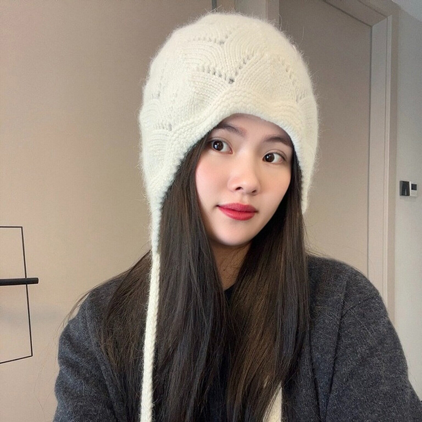 韩版气质兔毛混纺针织帽班护耳