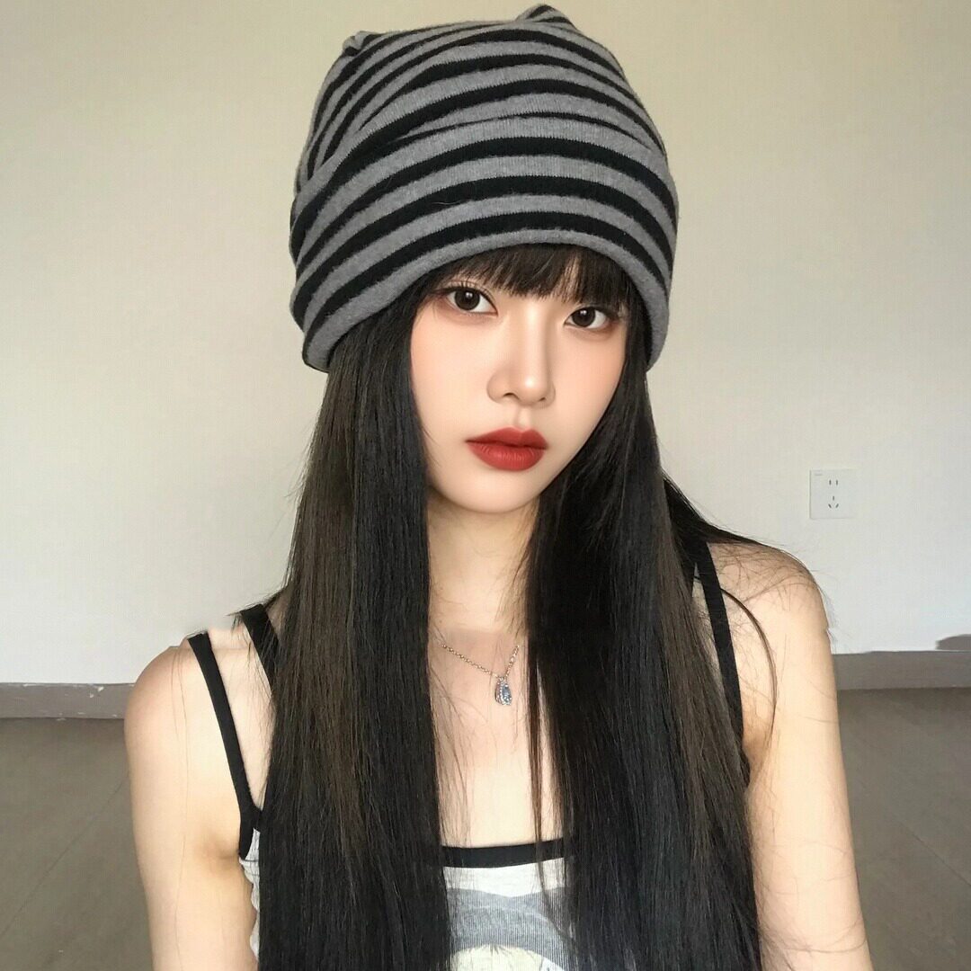 秋冬韩版条纹针织保暖月子帽女
