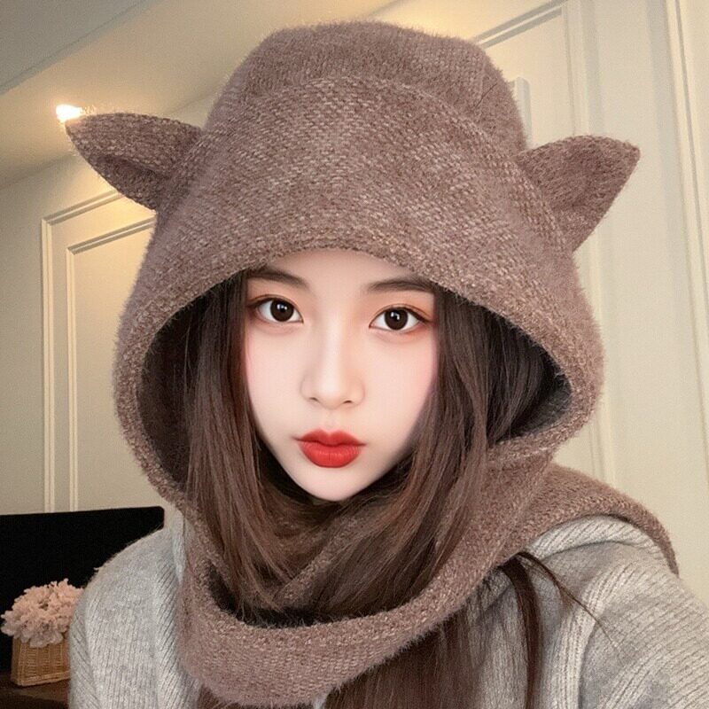 秋冬女加绒猫耳围巾一体护耳帽