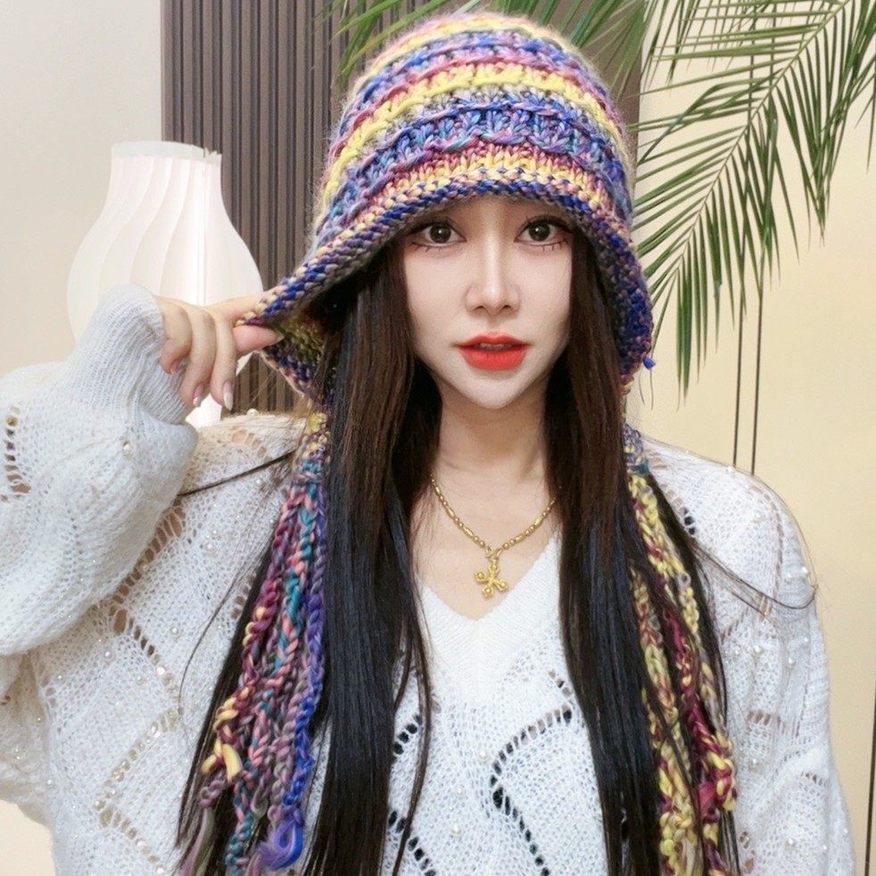 五彩手工钩织流苏辫子针织帽子女秋冬保暖护耳包头帽卷边毛线帽潮,服饰配件/皮带/帽子/围巾,帽子,淘宝优惠券,粉丝福利购,淘宝优惠卷
