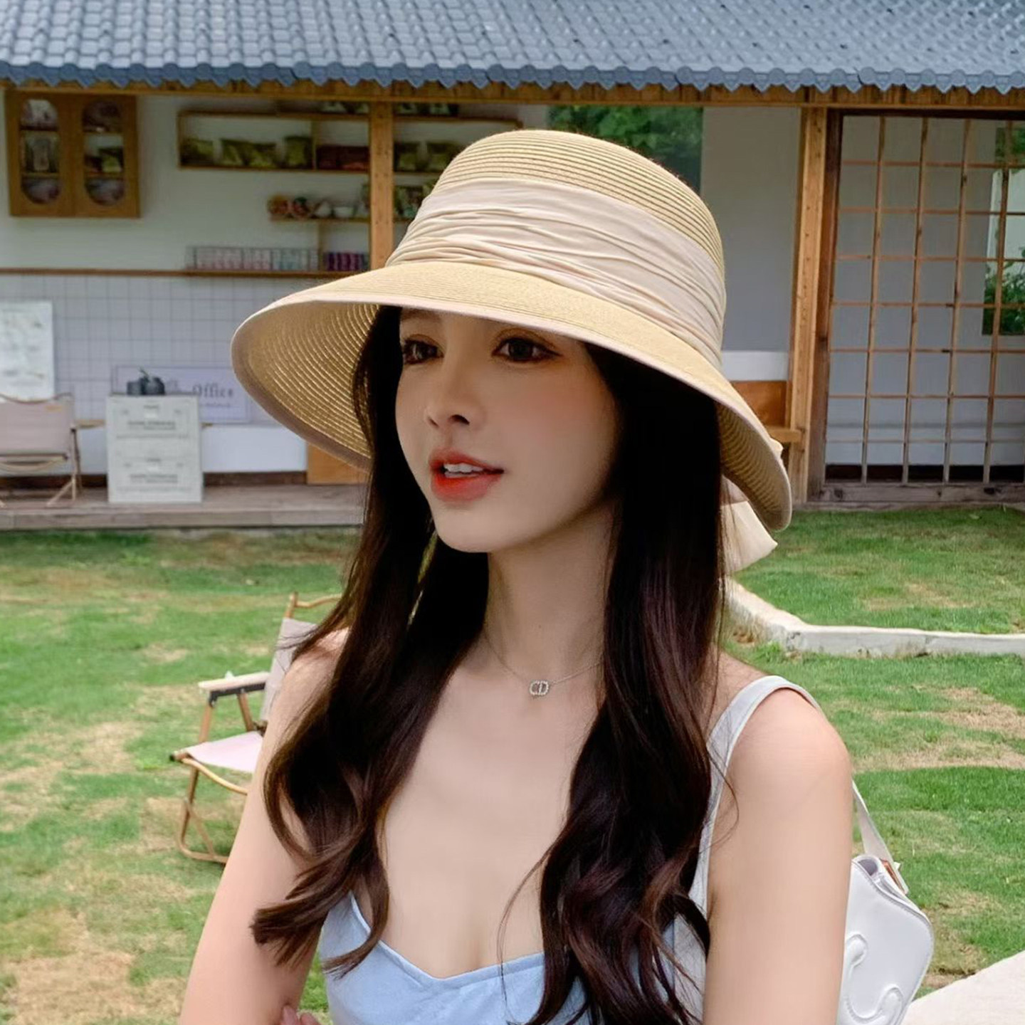 夏季防晒宽檐蝴蝶结渔夫草帽女