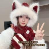 毛绒绒狐狸耳朵雷锋帽子女秋冬加厚防寒两件套学生围脖包头帽护耳