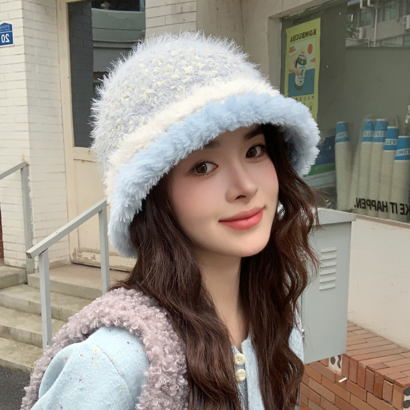 韩系氛围感条纹针织渔夫帽护耳帽