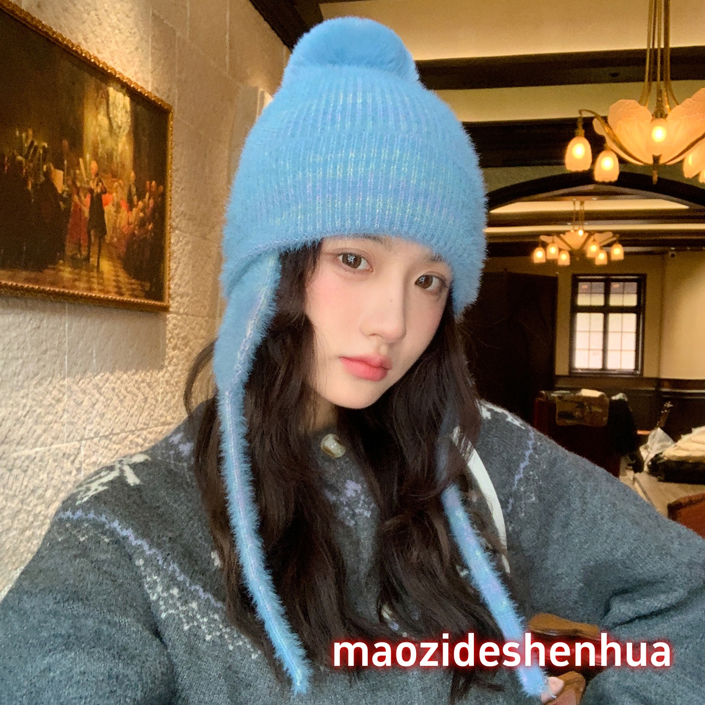 马克龙色系渐变毛绒球球针织帽子女秋冬2025新款保暖雷锋帽女护耳