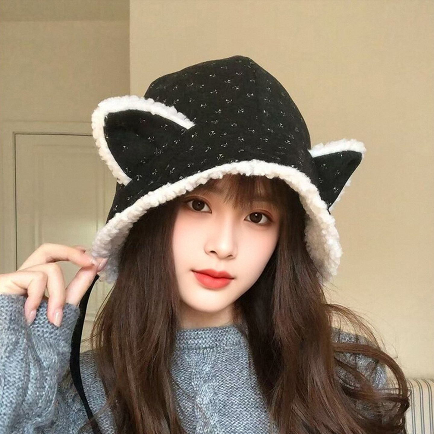 秋冬新款猫耳加绒保暖雷锋帽女